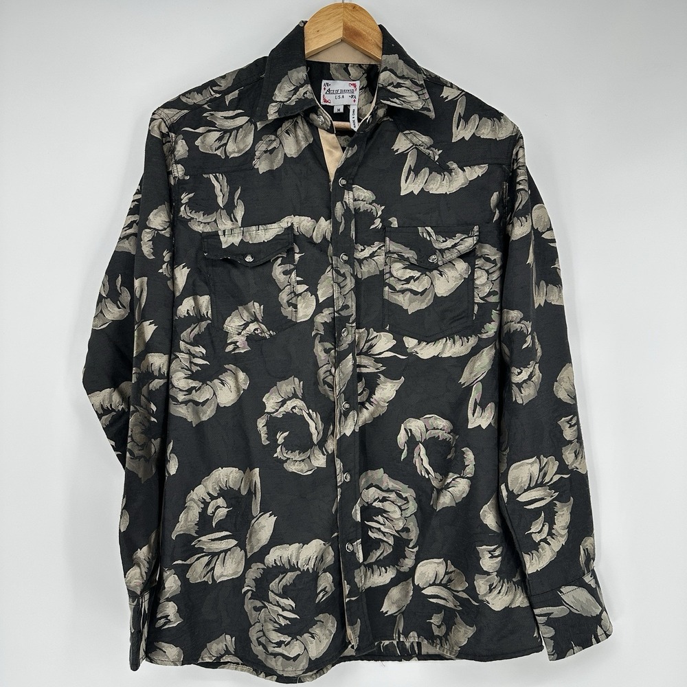 VTG Ace of Diamond floral pearl snap black Long sleeve button down shirt medium